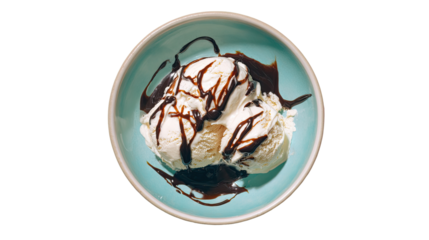 A light teal bowl holds three scoops of vanilla ice cream, drizzled with rich dark chocolate