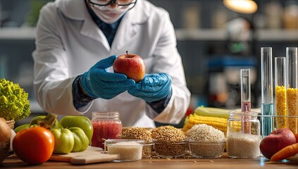 Food science researcher analyzing fresh fruit in a modern laboratory.