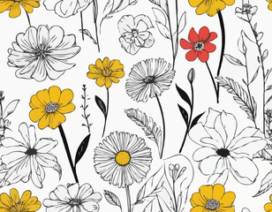 Beautiful wild flowers in the field hand drawn sketch Vector illustration