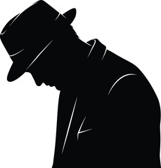 Mysterious silhouette man in fedora hat, noir style profile portrait, dramatic shadow lighting, vintage detective concept, cinematic black and white photography