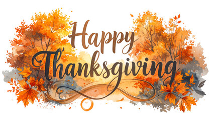 Elegant Happy Thanksgiving text with watercolor autumn trees and orange leaves, isolated on transparent background, perfect for greeting card, poster, banner, and seasonal holiday design.
