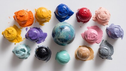 Colorful spherical ice cream treats arranged on a white surface