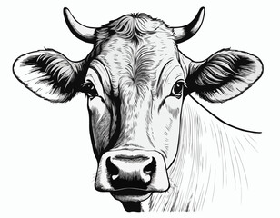 Farm cow head sketch hand drawn line art engraving Vector illustration