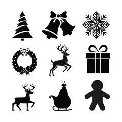 Christmas Silhouette Icon Set Black Vector Santa, Reindeer, Tree, Snowflake, Gift, Wreath, Bell, Candle, Stocking, Gingerbread