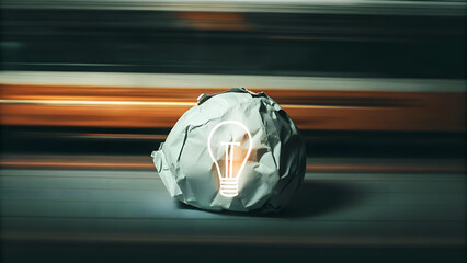 Paper scrap ball with high bulb symbol representing creative thinking and innovation