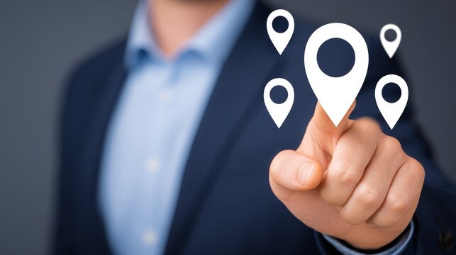 Exploring destinations, hand pointing to map pointer for travel and navigation guidance.