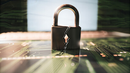 Cybersecurity concept system hack alert with broken padlock
