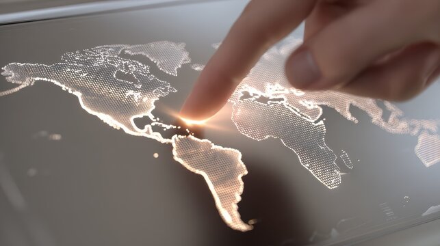 Exploring global connectivity, person interacting with world map on digital tablet.