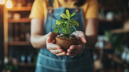 A person in a blue apron holding a small plant in a brown pot.