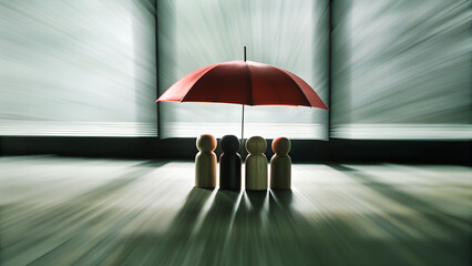 Red toy umbrella with woods figures on a blue background symbolizing insurance protection