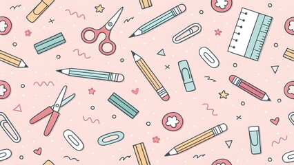 Colorful Back-to-School Supplies Pattern on Soft Pink Background