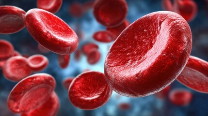 Fototapeta premium Close-up view of red blood cells flowing through blood vessels illustrating their role in oxygen transport within the human circulatory system