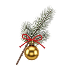 Frosted Pine Branch with Gold Ornament and Red Ribbon on White Background