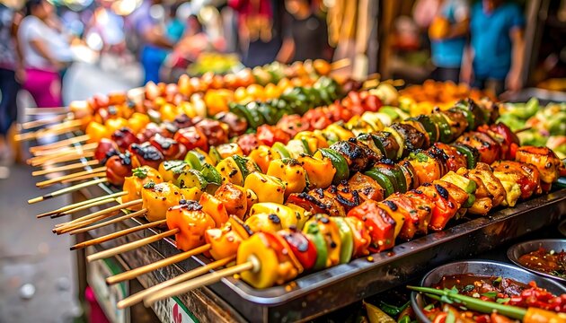Colorful skewers of grilled vegetables and meats fill a street food vendor's display, showcasing a vibrant array of flavors.