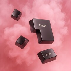 Glossy mechanical keys &mdash; prominent Enter and Shift &mdash; float suspended inside a soft pink perfume mist, blending tactile tech with a sensual, feminine atmosphere