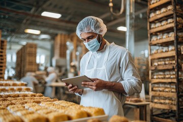 Baker in hairnet and face mask checking inventory on a tablet in a busy bakery.