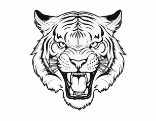 Angry tiger head with roaring mouth hand drawn sketch engraving style vector illustration