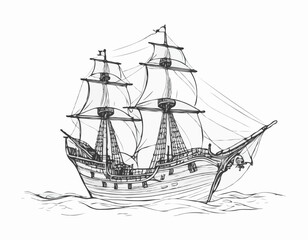 Pirate ship hand drawn sketch Vector illustration