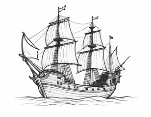 Pirate ship hand drawn sketch Vector illustration