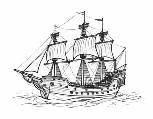 Pirate ship hand drawn sketch Vector illustration