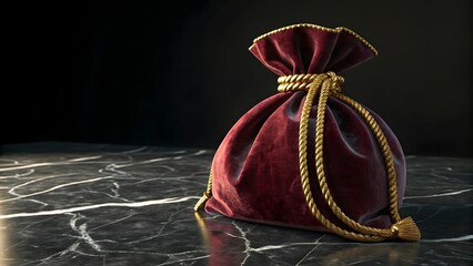 Elegant red velvet bag with golden rope on dark marble surface