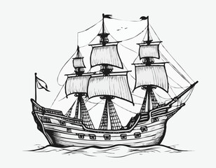 Pirate ship hand drawn sketch Vector illustration