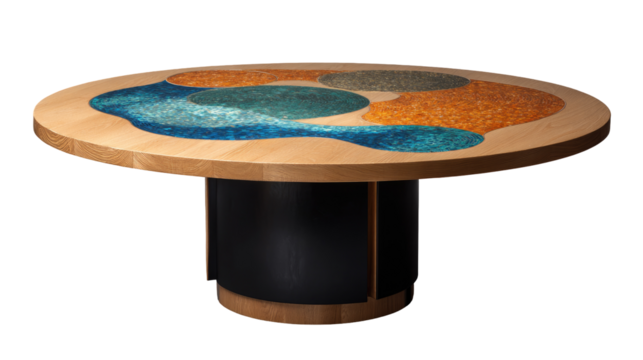 Circular wooden table with inlaid colorful mosaic