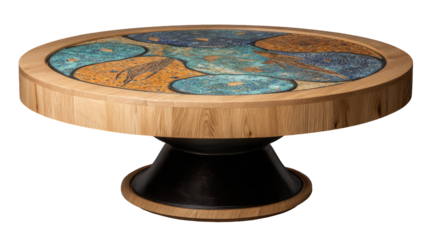 Circular coffee table with mosaic top and wooden base