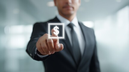 Businessman in suit engaging with interactive display, a symbol of modern technological interface and professional presentation.