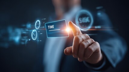 Businessman navigating time, a futuristic interface for managing deadlines and schedules.