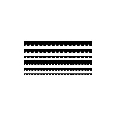 Scallop lace border. Fabric frill edge with pattern. Ribbon braid with ornament. Set of vector elements isolated on white background.