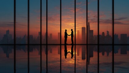 Plakat Two businesspeople shaking hands at sunrise over a city