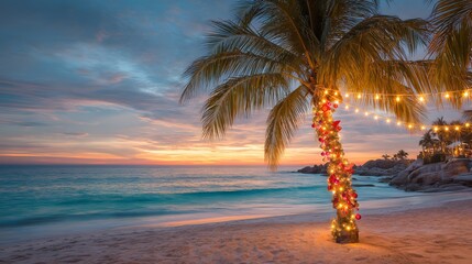 Christmas beach scene with lights and ornaments hanging from a palm tree at tropical seaside during sunset