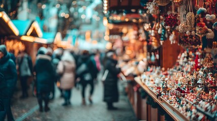 Christmas market with festive decorations and people shopping in winter