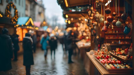 Fototapeta premium People shopping at Christmas market with hanging ornaments and festive lights