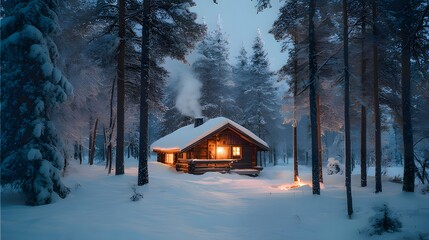 Wooden cabin in snowy forest with lights, fireplace, snow, winter, trees, cozy, night, smoke and peaceful atmosphere