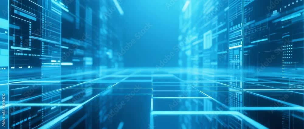 Wall mural abstract blue binary code technology background with digital data pattern