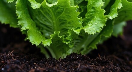 Up-close leafy lettuce in rich soil, droplets glistening, texture-filled, vibrant, healthy and fresh