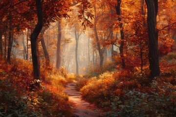 Fototapeta premium A serene autumn forest trail covered with golden leaves, creating a picturesque path through the trees.
