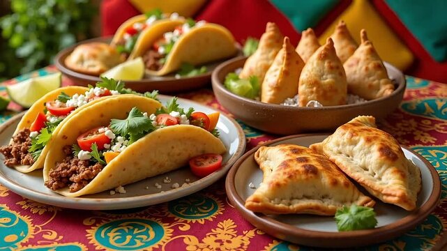 Delicious assortment of savory tacos and golden fried samosas arranged on a colorful patterned tablecloth.