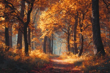 A serene autumn forest trail covered with golden leaves, leading through a dense forest with tall trees.