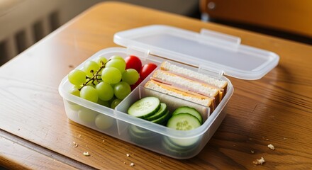 A clear plastic lunch container filled with healthy food items, ready for a meal.