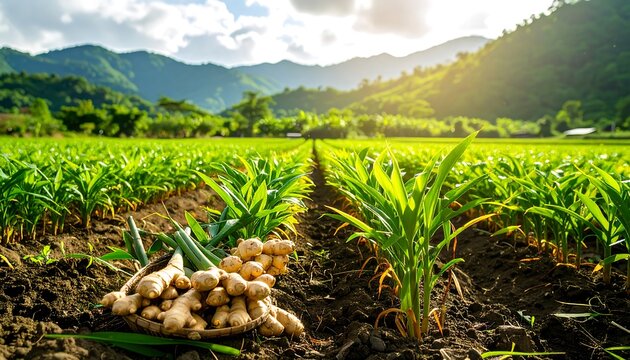 Fresh ginger and green shoots in a vibrant agricultural field under a bright, sunny sky, showcasing a bountiful harvest.