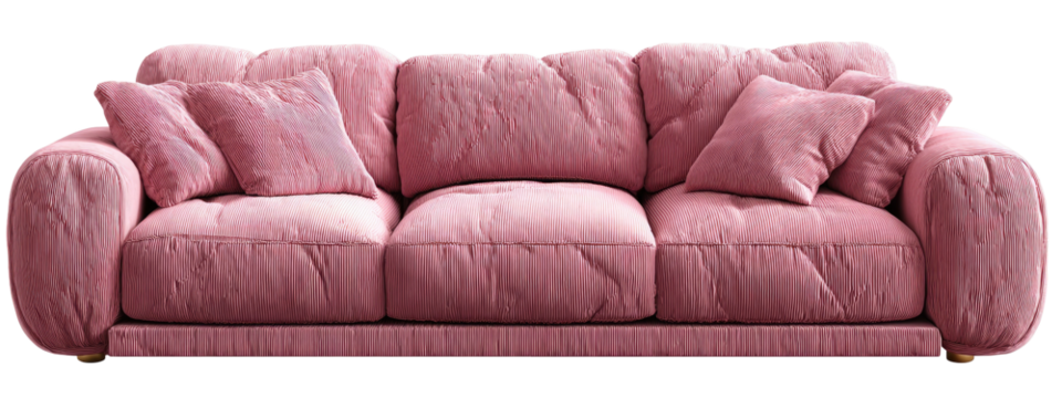 A blush pink sofa with tufted upholstery and sculpted arms