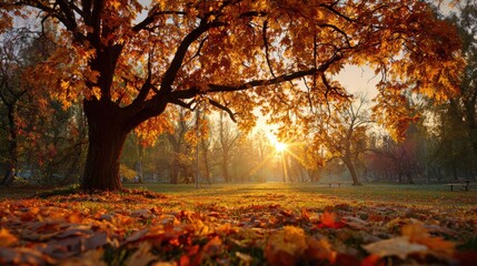 A beautiful tree with vibrant golden leaves scattered on the ground in a peaceful park during autumn sunset.