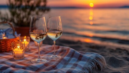 Romantic picnic by the water at sunset