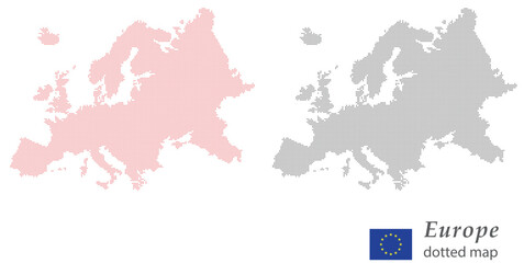 Europe dotted map vector — halftone continent silhouette with EU flag Halftone Europe map outline — dotted European continent vector European Union dotted map — pixel dot Europe silhouette vector © GraphicGalaxy