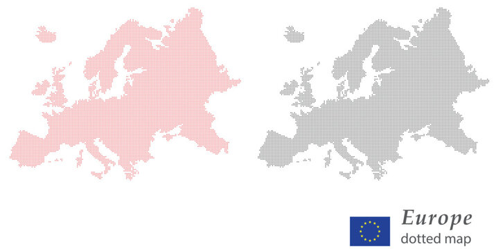 Europe dotted map vector &mdash; halftone continent silhouette with EU flag
Halftone Europe map outline &mdash; dotted European continent vector
European Union dotted map &mdash; pixel dot Europe silhouette vector