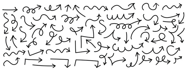 Hand drawn arrows doodle icons set. Flat and thin pointers art vector. Scribble swirl arrow signs. Curved cartoon arrows sketches collection. 
