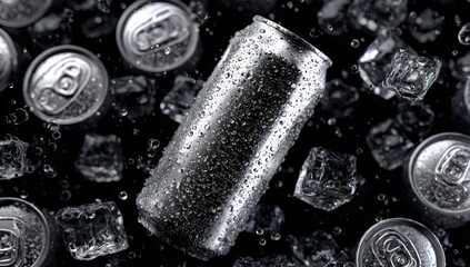 Aluminum cans and ice cubes on a dark background